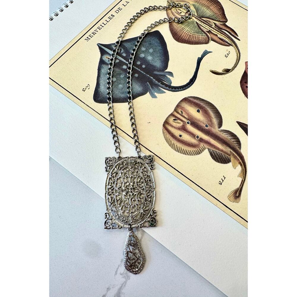 Vintage Filigree Medallion Boho Layering Victorian Necklace Teardrop Dangle